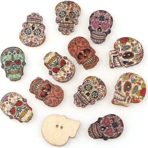 50pcs Wood Day Of The Dead Sewing Vintage Buttons Scrapbooking 2 Holes Sugar Skull At Random 24.5mm(1") x 17.5mm( 6/8")