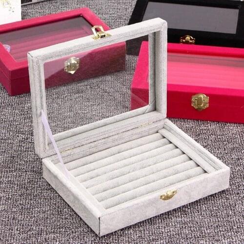 Velvet Wooden Ring Jewelry Earring Storage Box Display Organizer Tray Holder
