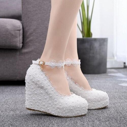 White Woman Wedges Wedding Pumps Sweet White Flower Lace Pearl Platform Ankle Strap Shoes Bride Dress High Heels