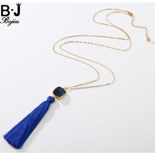 BOJIU New Fashion Natural Onyx Ag. Druzy Hole Stone Pendant Tassel Cable Chain Woman Long Pendant Necklace NKS055
