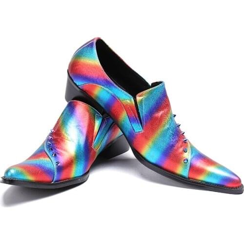 Ch.kwok Color Rainbow Genuine Leather Dress Shoes Men Personality Color Rivet Spring Autumn High Heel Club Dress Shoe