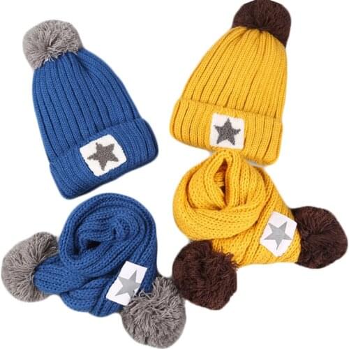 Children Kids Autumn Winter Fashion Star Hat Scarf Set Fur Ball Hat Pom Pom Beanies Baby Boy Girl Warm Plus Velvet Cap Scarf Set
