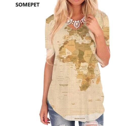 SOMEPET World Map T Shirt Women Map Shirt Print Harajuku T-shirts 3d Novel V-neck Tshirt Womens Clothing Hip hop Printed
