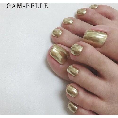 GAM-BELLE 24Pcs Full Cover Artificial Toe Nails French Glitter Mirror False Nail Art Decoration DIY Press On Nails Manicure Tool