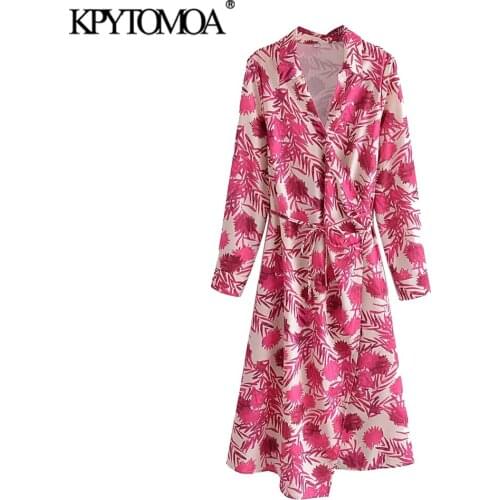 KPYTOMOA Women 2021 Fashion With Belt Floral Print Wrap Midi Dress Vintage Lapel Collar Long Sleeve Female Dresses Vestidos
