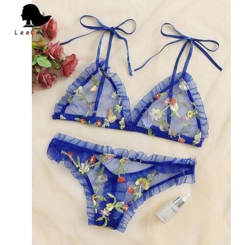 Leechee New Mesh Embroidered Bra Set Women See-Through Straps Underwear Lace Bandage Transparent Breathable Sexy Lingerie