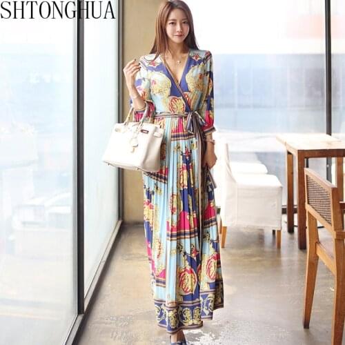Summer Elegant V Neck lace-up 3/4 Sleeve Women Dress Holiday Vintage Print Pleated Dresses Waist Swing Ankle-length Vestidos