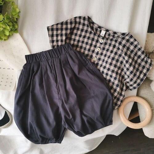 Fashion Kids Clothes Set 2021 New Summer Baby Girls Short Sleeve Plaid T-Shirts Tops+Bloomers Pants 2Pcs Children Clothing 1-6Y