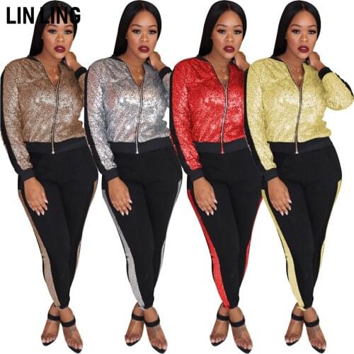 LINLING Fashion Sequin Splicing Zipper Long Sleeve Top and Tights Suit Elastic Sports Fitness Leisure Women Suit