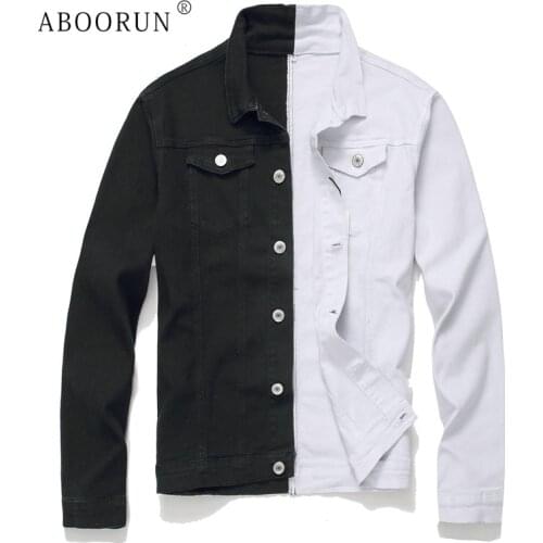 ABOORUN Black White Color Contrast Patchwork Denim Jackets Fake Pockets Single Breasted Autumn Coat for Male Casual