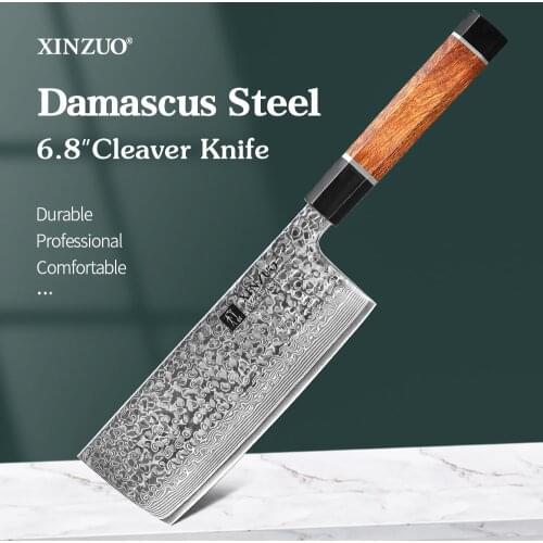 XINZUO 6.8'' Inches Cleaver Knife Janpanse 67 Layers Damascus Steel Pattern Knife Cut Meat Nakiri Gyuto Butcher Slicing Santoku