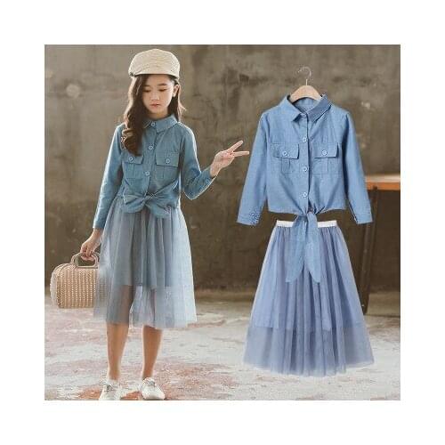 Girls spring and autumn clothes new childrens foreign mesh gauze dress suit big boy princess fashion two-piece suit