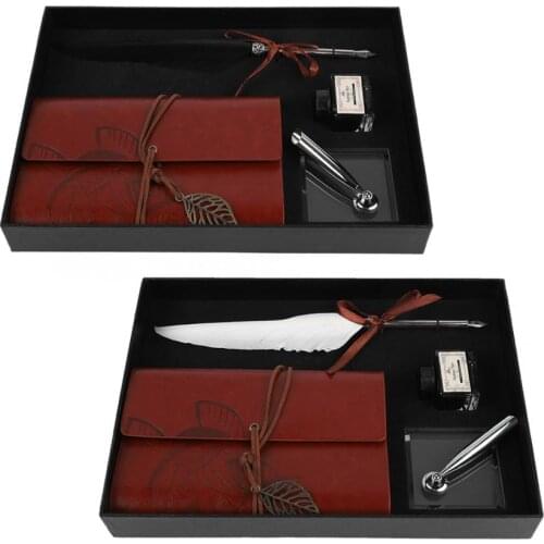 Feather Dip Pen Gift Box Fountain Pen Kit with Retro Leather Notebook for Famliy Friends and Teachers Gifts