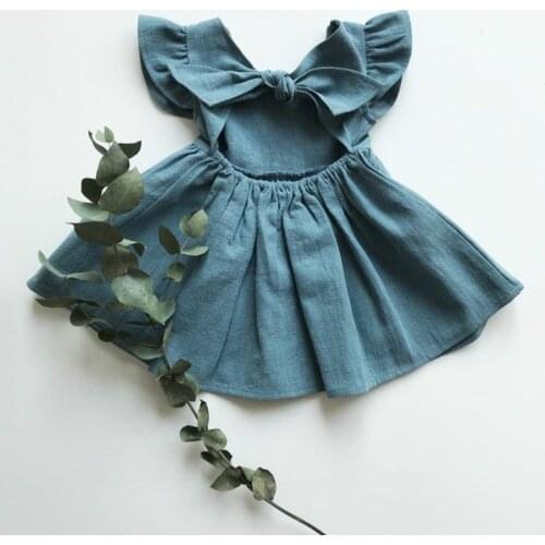 New Girls Lotus Leaf Sleeve Cotton And Linen Dress Summer ChildrenS Solid Color Backless Bandage Bow Princess Dresses WT001