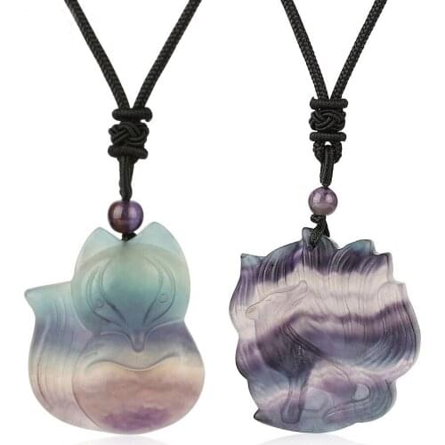 Casual Natural Fluorite Pendant Necklace Fox or Flower Design Rope Chain Jewelry for Men or Women