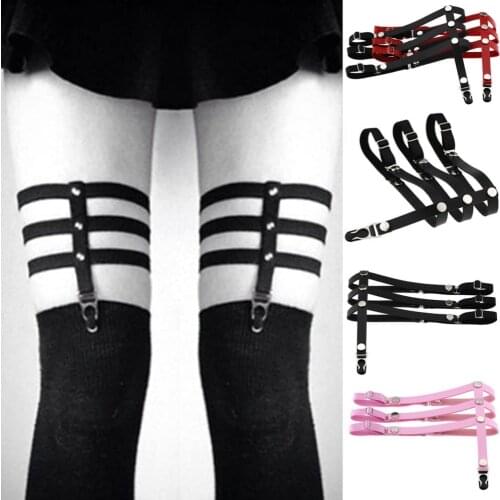 1 PC Sexy Women Adjustable Harajuku Gothic 3 Rows Garter Belts Suspenders Rivet Leg Ring Belt PU Leather Punk Socks