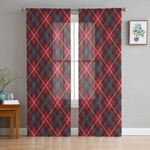 Christmas Plaid Festival Celebration Tulle Sheer Window Curtains for Living Room Kitchen Children Bedroom Voile Hanging Curtain