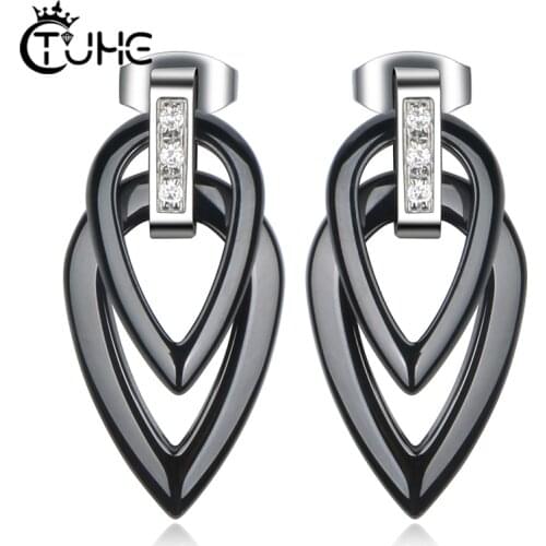 New Fashion Water Drop Stud Earrings With Bling Rhinestone Double Two Water Drop Healthy Ceramic Earrings boucle doreille femme