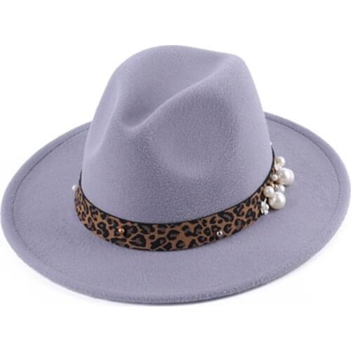 New Fashion Men Women Panama Hat Vintage Style Wide Brim Felt Trilby Fedoras Hat with Pearl Leopard Band