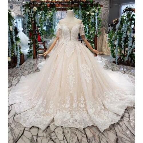 BGW HT42120 Light Champagne Wedding Dresses With Detachable Train O-neck Short Sleeves A-line Wedding Gowns Vestido De Noiva