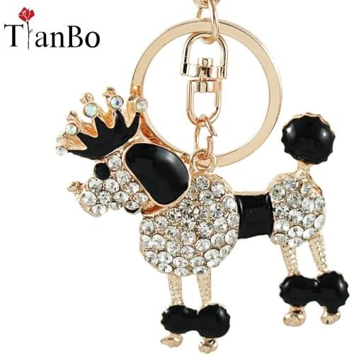 TianBo Black Enamel Crown Poodle Dog Crystal Key Ring Chains Holder Bag Buckle Pendant For Car Keyrings KeyChains