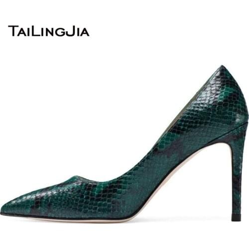 Green Snake Print High Heels Pumps Party Shoe Fashion Stiletto Heel Pointed Toe Slip on Elegant Women Dress Footwear Large Size