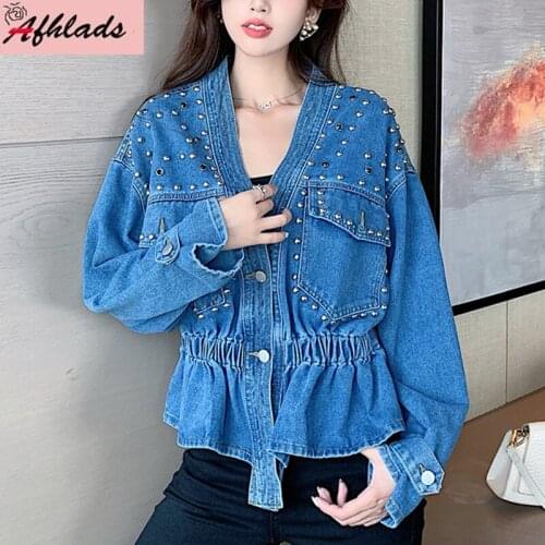 High Quality Women Denim Jacket Coats Spring And Autumn 2021 New Waist Thinning V-Neck Beaded Loose Long Sleeve Outerwear