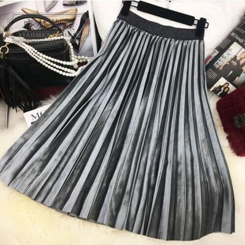 2017 Spring Metallic Color Pleated Skirt Women High Waist Velvet Long Skirts Vintage Women Large Swing Skirt Saia Fenimias Falda
