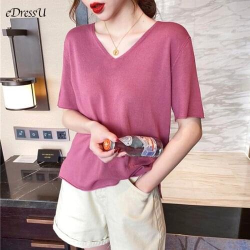 EDressU 2021 Knit T Shirt Woman V-Neck Loose Casual T-Shirt Short Sleeves Plain Tees Knitwear Summer Tops Daily Wear HT-504