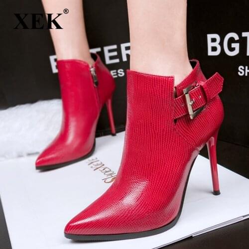 XEK sexy pointed fine with shoes boots female fashion snake pattern women boots nightclub buckle female ankle boots ZLL684