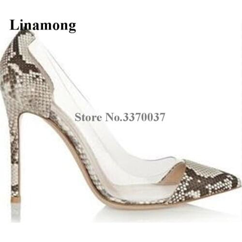 Women Brand Design Pointed Toe PVC Patchwork Thin Heel Pumps Transparent Snake Leather 12cm Super High Heels Formal Dress Shoes