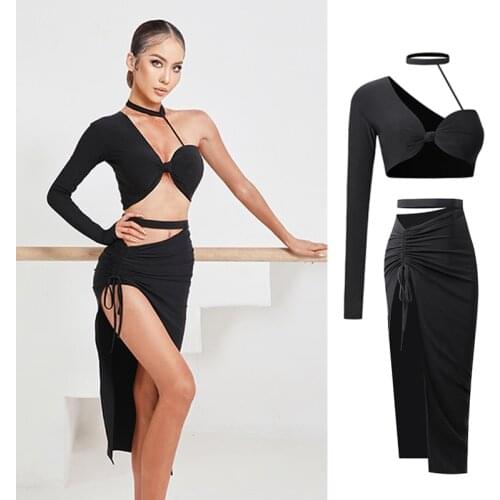 New Latin Dance Dresses Women Black Tops Drawstring Skirt Sexy Performance Costume Rumba Practice Tango Dance Wear DNV15133