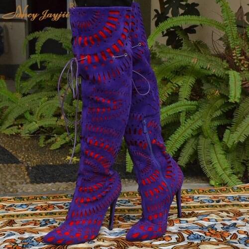 Women Purple Cut Out Floral Over The Knee Boots Winter Flock Pointed Toe Super Stiletto Heel Booties Ladies Elastic Band Shoes
