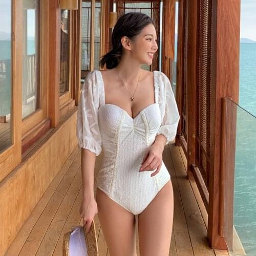 2021 Korea Style One Piece Swimsuit Solid Swimwear Women Push Up Monokini Swim Suit Pad Bathing Suit Sexy V Neck Beachwear