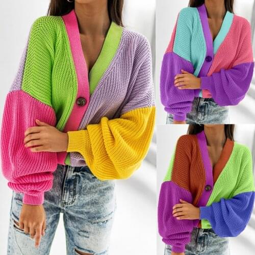 Autumn vintage knitted cardigan women New 2021 winter casual color matching bright womens woolen long-sleeved tops cardigan