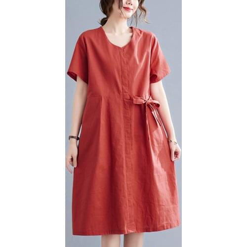Korea Style Bow Solid Color Chic Women Casual Dress 2021 New Arrival Cotton Linen Loose Summer Dress Office Lady OL Work Dress
