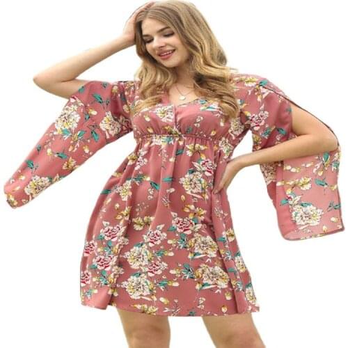 2021 Female Summer New Style Dress Sexy V-Neck Elastic Waist Floral Holiday Skirt Female Dress