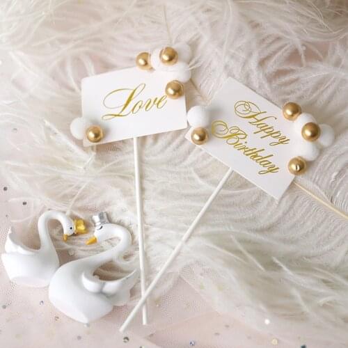 Gold Love Wedding Cake Topper Balloon Paperboard Happy Birthday Cupcake Topper For Anniversary Birthday Party Cake Decorations