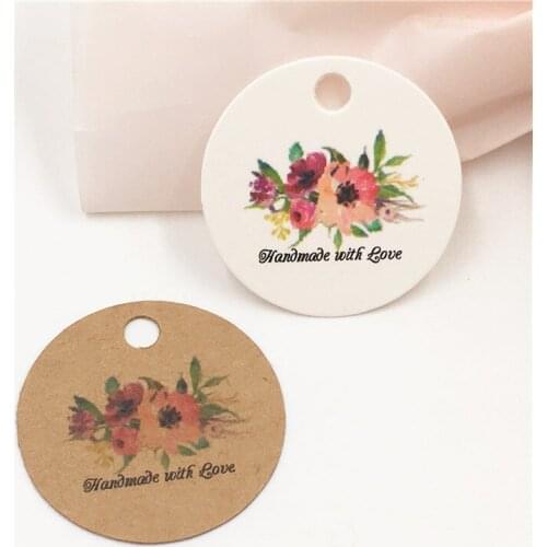 200Pcs/Lot With Flower Made With Love Heart Pattern Round Kraft Paper Hanging Tags Price Tag Note Label Romantics Tags For Bags