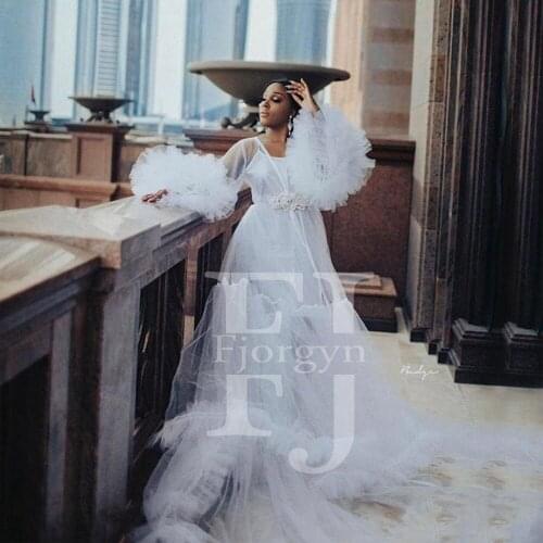 2021 Fashion Long Sleeve Tulle Robes Women Party Dress Custom Made Sweep Train Evening Gown Prom Gowns vestidos