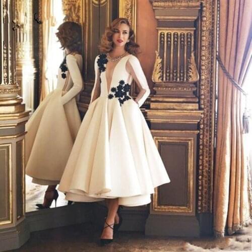 Off White Short Prom Dresses Long Sleeve Tea Length Elegant Evening Party Gowns Dubai Arabic Women Formal Dress Abendkleider