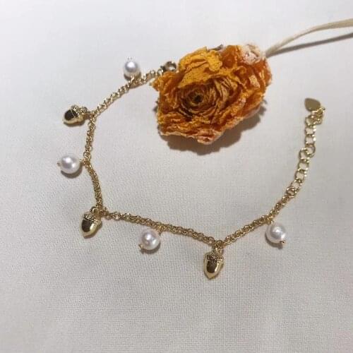 6-7mm Handpicked white Freshwater akoya Pearls bracelet,Flexible Golden acorn decorate women bracelet,birthday Jewelry gift