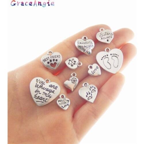 GraceAngie Mix 10PCS Vintage Heart Charm beads fit for bracelet DIY Metal Words Necklace pendant jewelry making Findings