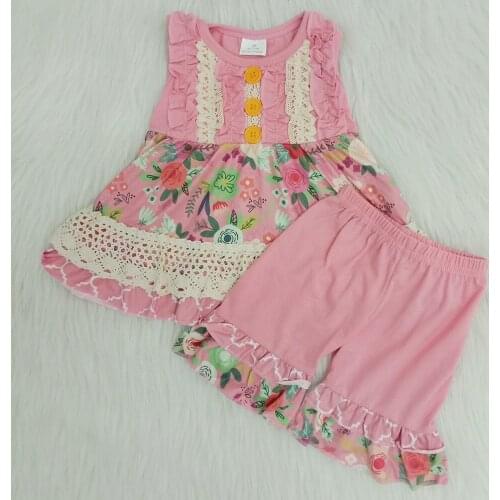 Baby girls boutique outfits summer sleeveless tunic pink color kids clothes children clothing cute floral ready to ship sets
