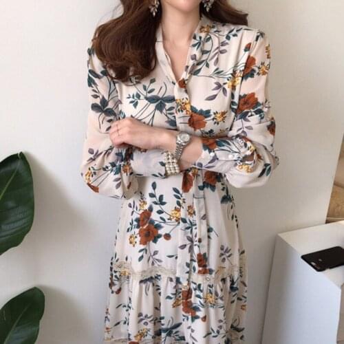 2020 Elegant Flower Print Autumn long Sleeve Slim Waist CHiffon Lace Patchworkj Women Vintage Dress Vestidos