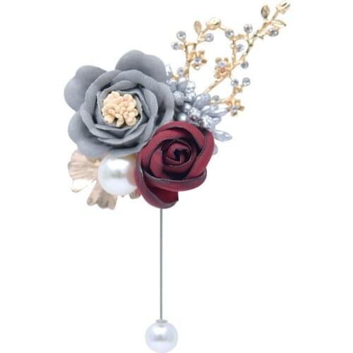 Handmad Fashion Fabric Flower Brooch Rhinestone Pearl Long Needle Lapel Pin Luxury Wedding Jewelry Gift for Women Accessories