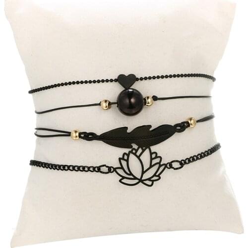 1set 4pcs New Bohemian Handmade Balck Chain Bracelets for Women Fashion Bead Lotus Flower Leaf Heart Charm Bracelet Set Jewelry
