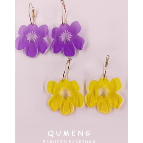 QUMENG Korean New arrivals Transparent Yellow Purple Acrylic Big Flower Hoop Earrings For Women 2020 Exaggeration Jewelry