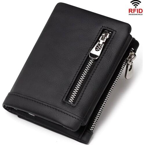Mens Genuine Leather Wallet RFID Blocking Three Fold Zipper Multi Function Wallets Casual Male Coin Purse Card Holder Classic