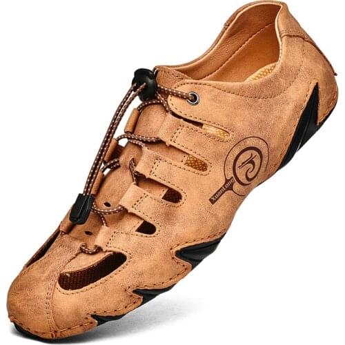 Plus Size 38-48 Summer Men Sandals Breathable Genuine Leather Casual Shoes Handmade Outdoor Mens Slippers Men Beach Sandals